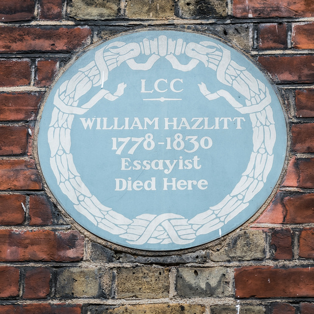 William Hazlitt blue plaque - William Hazlitt 1778-1830 essayist died here