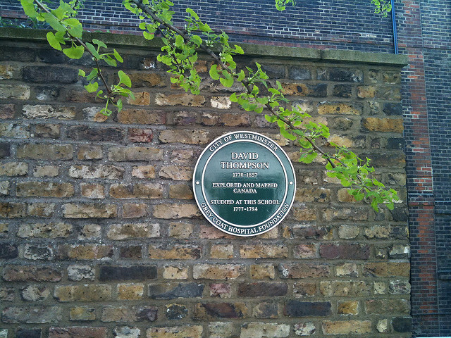 David Thompson green plaque - David Thompson   1770-1857   explored and mapped Canada   studied at this school   1777-1784