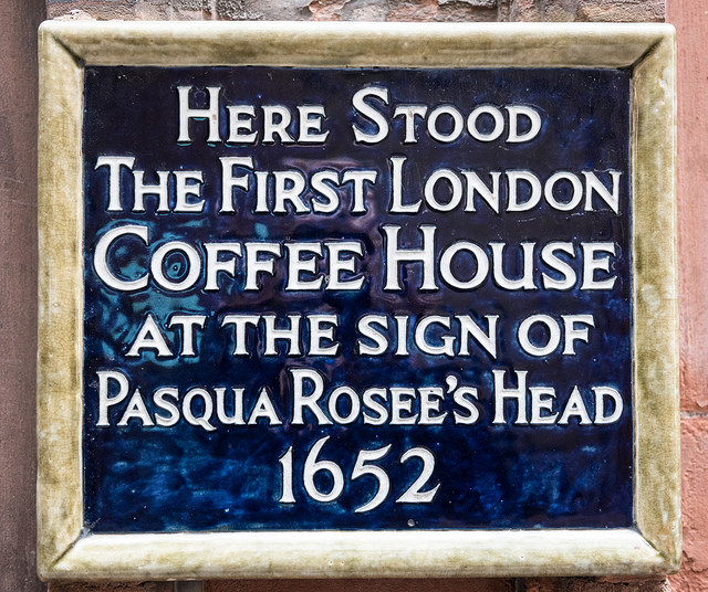 Pasqua Rosee's Head blue plaque - Here stood the first London Coffee House at the sign of Pasqua Rosee's Head 1652