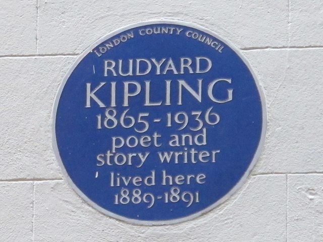 Rudyard Kipling blue plaque - Rudyard Kipling 1865-1936 poet and story writer lived here 1889-1891