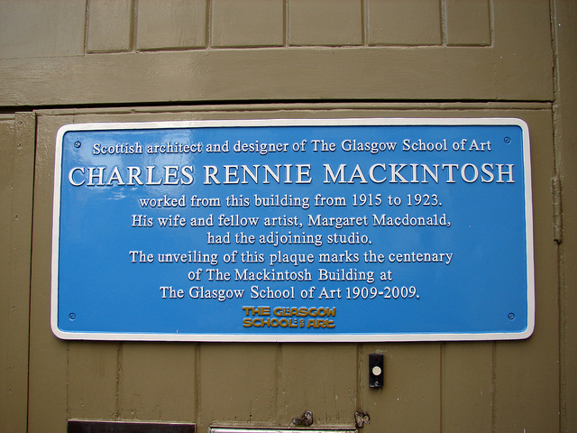 Charles Rennie Mackintosh and Margaret Macdonald blue plaque - Scottish architect and designer of The  Glasgow School of Art  Charles Rennie Mackintosh  worked from this building from   1915 to 1923.  His wife and fellow artist, Margaret Macdonald,  had the adjoining studio.  The unveiling of this plaque marks the centenary  of The Mackintosh Building at  The Glasgow School of Art 1909-2009.