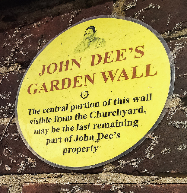 John Dee yellow plaque - John Dee's Garden Wall  The central portion of this wall visible from the Chruchyard, may be the last remaining part of John Dee's property