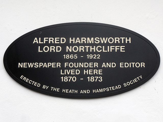 Black plaque № 41398 - Alfred Harmsworth Lord Northcliffe 1865 - 1922 Newspaper founder and editor lived here 1870 - 1873 