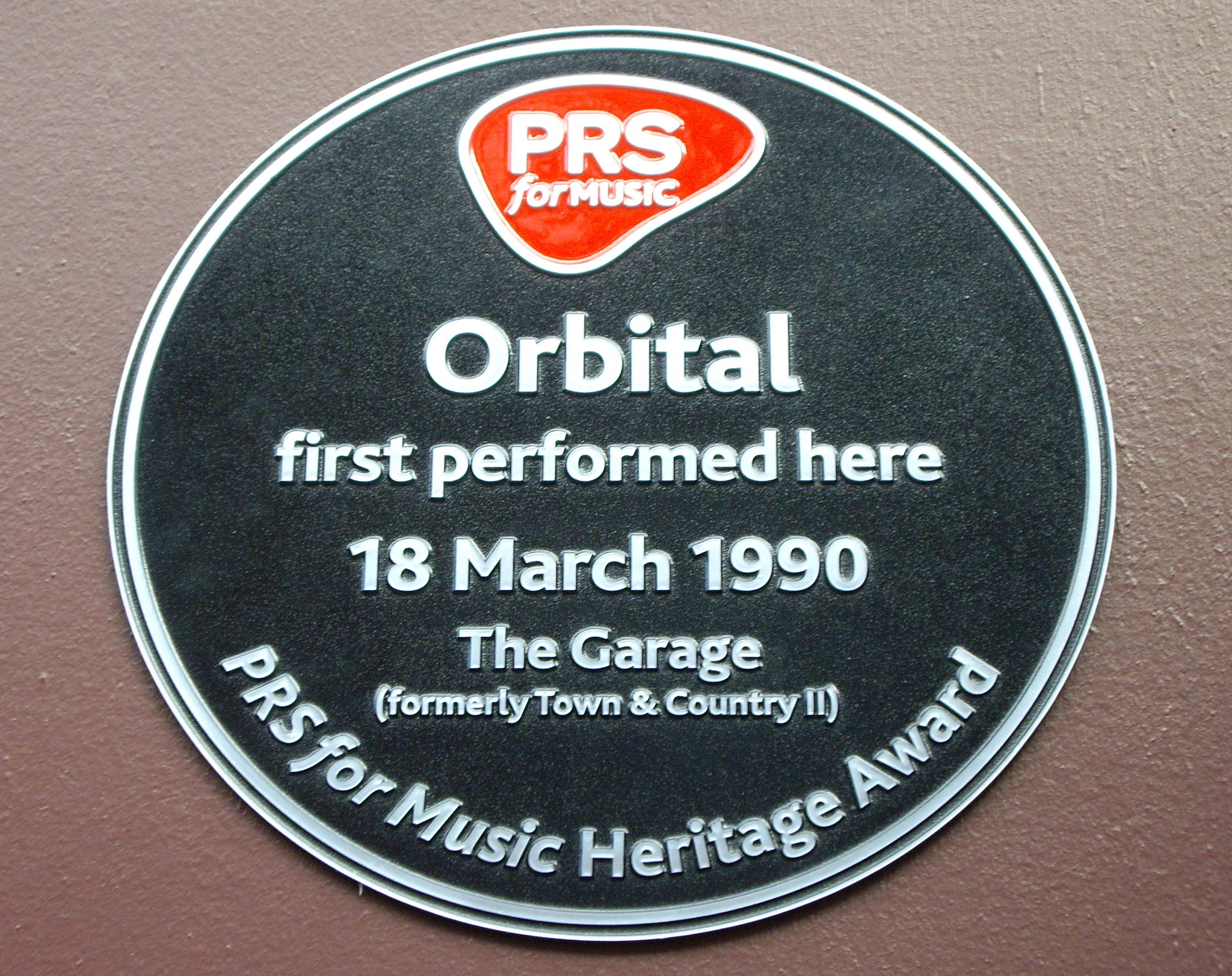 Orbital, Phil Hartnoll, and Paul Hartnoll black plaque - Orbital first performed here 18 March 1990 The Garage (formerly Town and Country II)