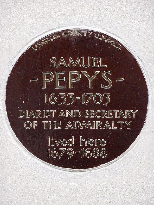 Samuel Pepys brown plaque - Samuel Pepys 1633-1703 Diarist and Secretary of the Admiralty lived here 1679-1688.