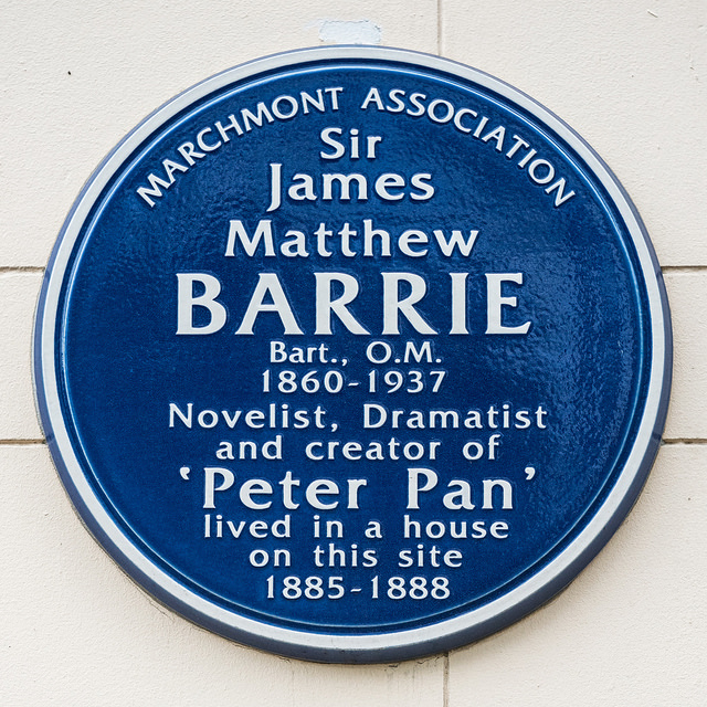 J. M. Barrie blue plaque - Sir James Matthew Barrie Bart., O.M. 1860-1937  Novelist, Dramatist and creator of 'Peter Pan' lived in this house on this site 1885-1888
