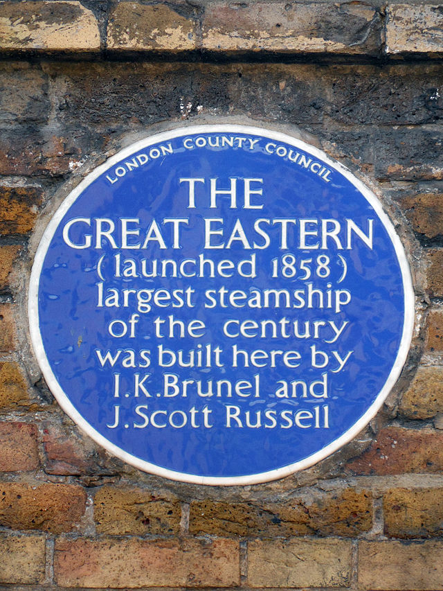 Isambard Kingdom Brunel and John Scott Russell blue plaque - The Great Eastern (launched 1858) largest steamship of the century was built here by I.K. Brunel and J. Scott Russell