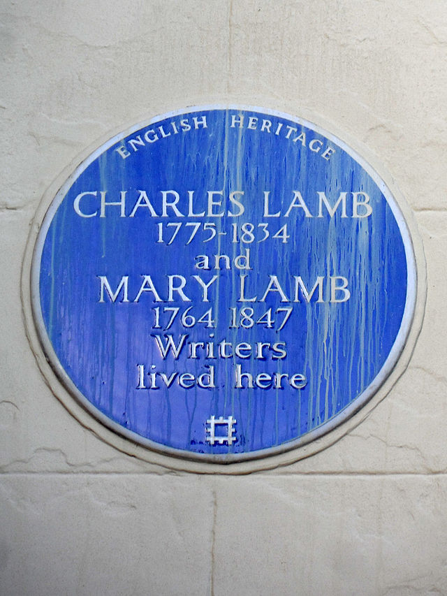 Charles Lamb and Mary Lamb blue plaque - Charles Lamb 1775-1834 and Mary Lamb 1764-1847 writers lived here