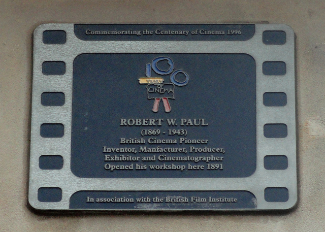 Robert W. Paul film cell plaque - Robert W. Paul (1869-1943) British cinema pioneer, inventor, manufacturer, producer, exhibitor and cinematographer opened his workshop here 1891