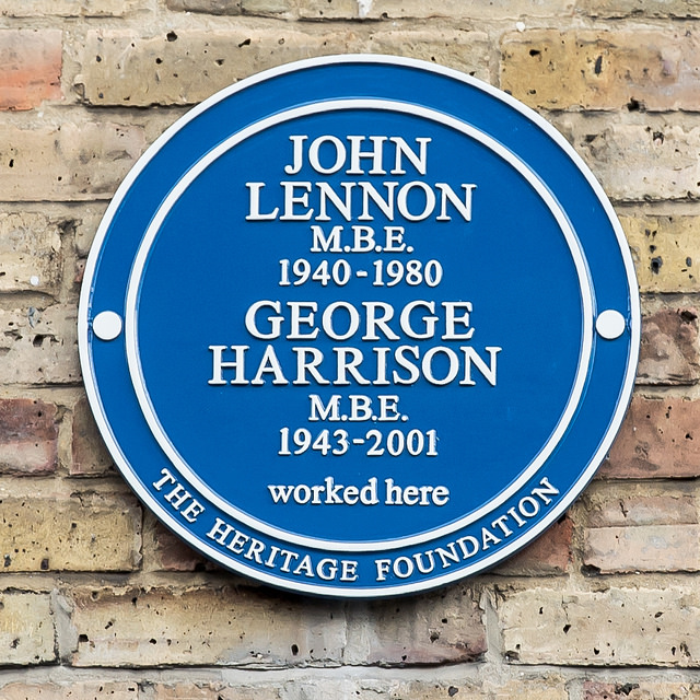 John Lennon and George Harrison blue plaque - John Lennon MBE 1940-1980 George Harrison MBE 1943-2001 worked here