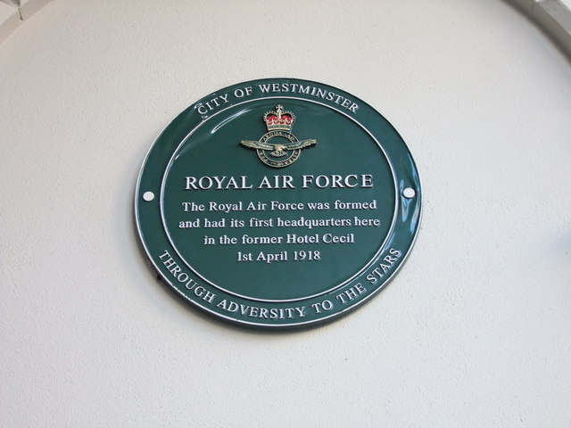 Green plaque № 5176 - Royal Air Force The Royal Air Force was formed and had its first headquarters here in the former Hotel Cecil 1st April 1918