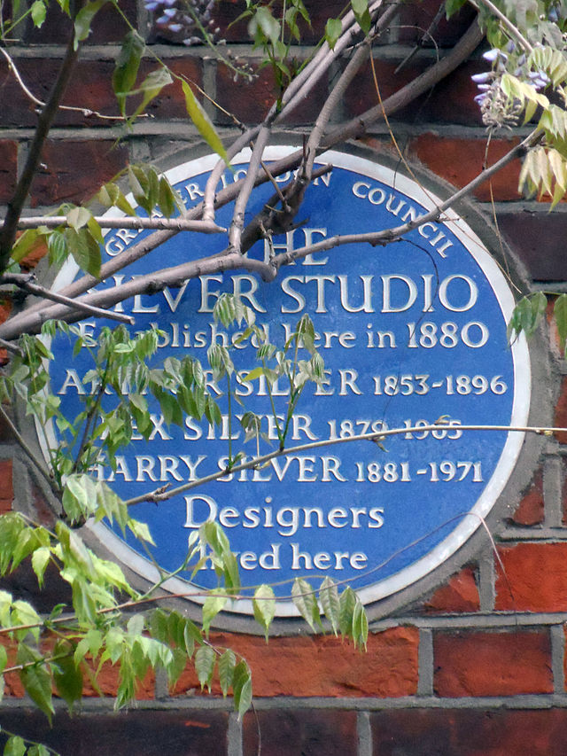 Silver Studio, Arthur Silver, Rex Silver, and Harry Silver blue plaque - The Silver Studio, established here in 1880. Arthur Silver (1853-1896), Rex Silver (1879-1965), Harry Silver (1881-1971), designers, lived here.