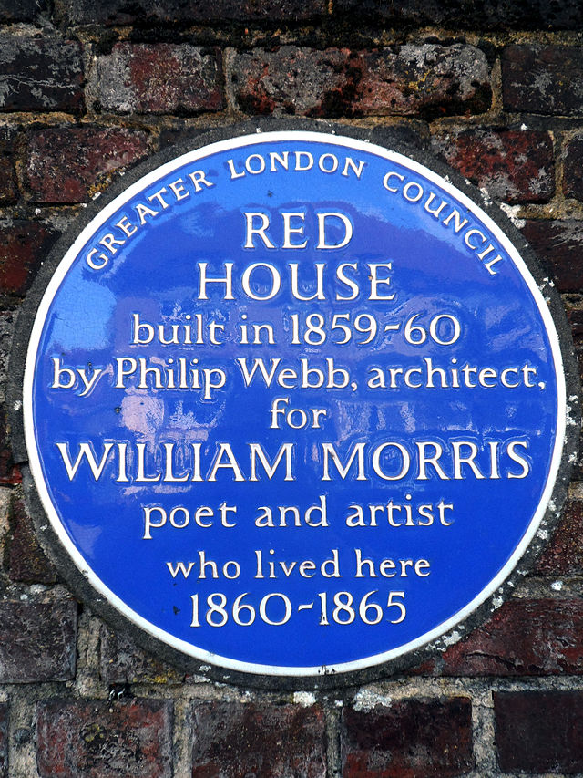 Red House, Bexleyheath, Philip Webb, and William Morris blue plaque - Red House built in 1859-60 by Philip Webb architect for William Morris poet and artist who lived here 1860-1865