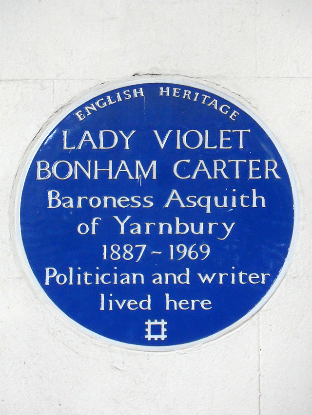 Violet Bonham Carter blue plaque - Lady Violet Bonham Carter, Baroness Asquith of Yarnbury 1887-1969 politician and writer lived here