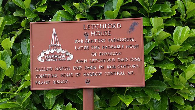 Terracotta plaque № 9994 - Letchford House. 16th Century Farmhouse, later the probable home of physician John Letchford, died 1666. Called Hatch End Farm in 19th Century. Sometime home of Harrow Central MP, Frank Bishop.