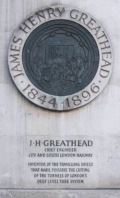 James Henry Greathead stone plaque -  J. H. Greathead   Chief Engineer City and South London Railway. Inventor of the Travelling Shield that made possible the cutting of the tunnels of London's deep level tube system