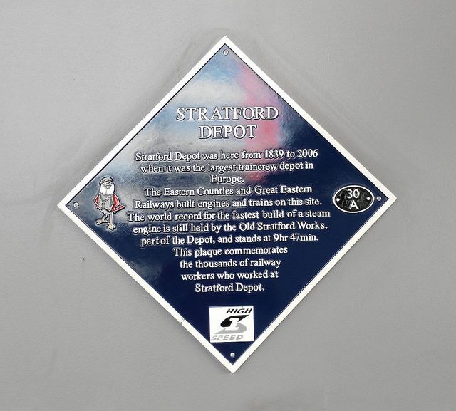 Blue plaque № 39686 - Stratford Depot was here from 1839 to 2006 when it was the largest traincrew depot in Europe. The Eastern Counties and Great Eastern Railways built engines and trains on this site. The world record for the fastest build of a steam engine is still held by the Old Stratford Works, part of the Depot, and stands at 9hr 47min. This plaque commemorates the thousands of railway workers who worked at Stratford Depot.