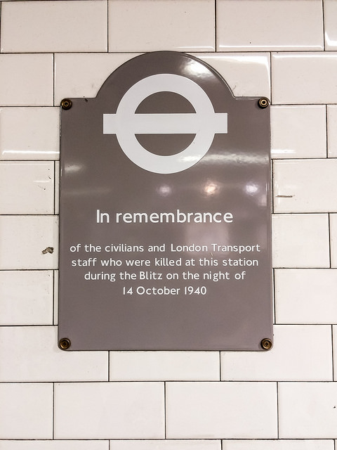 Blitz brown plaque - Remembrance of the civilians and London Transport staff who were killed at this station during the Blitz on the night of 14 October 1940