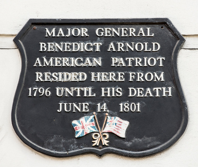 Benedict Arnold black plaque - Major General Benedict Arnold, American patriot resided here from 1796 until his death June 14, 1801