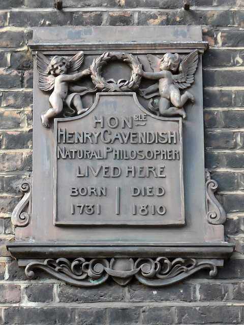 Henry Cavendish grey plaque - Hon.  Henry Cavendish  natural philosopher  lived here  born 1731  died 1810