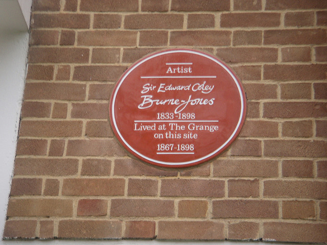 Edward Burne-Jones red plaque - Sir Edward Coley Burne-Jones (1833-1898) artist lived at The Grange on this site 1867-1898. 