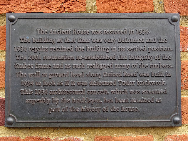 Black plaque № 41028 - The Ancient House was restored in 1934. The building at that time was very deformed and the 1934 repairs retained the building in its settled position. The 2001 restoration re-established the integrity of the timber frame and as such realigned many of the timers. The wall at ground level along Orford Road was built in 1934 to look as if it was deformed Tudor brickwork. This 1934 architectural conceit, which was executed superbly by the bricklayer, has been retained as part of the history of the 