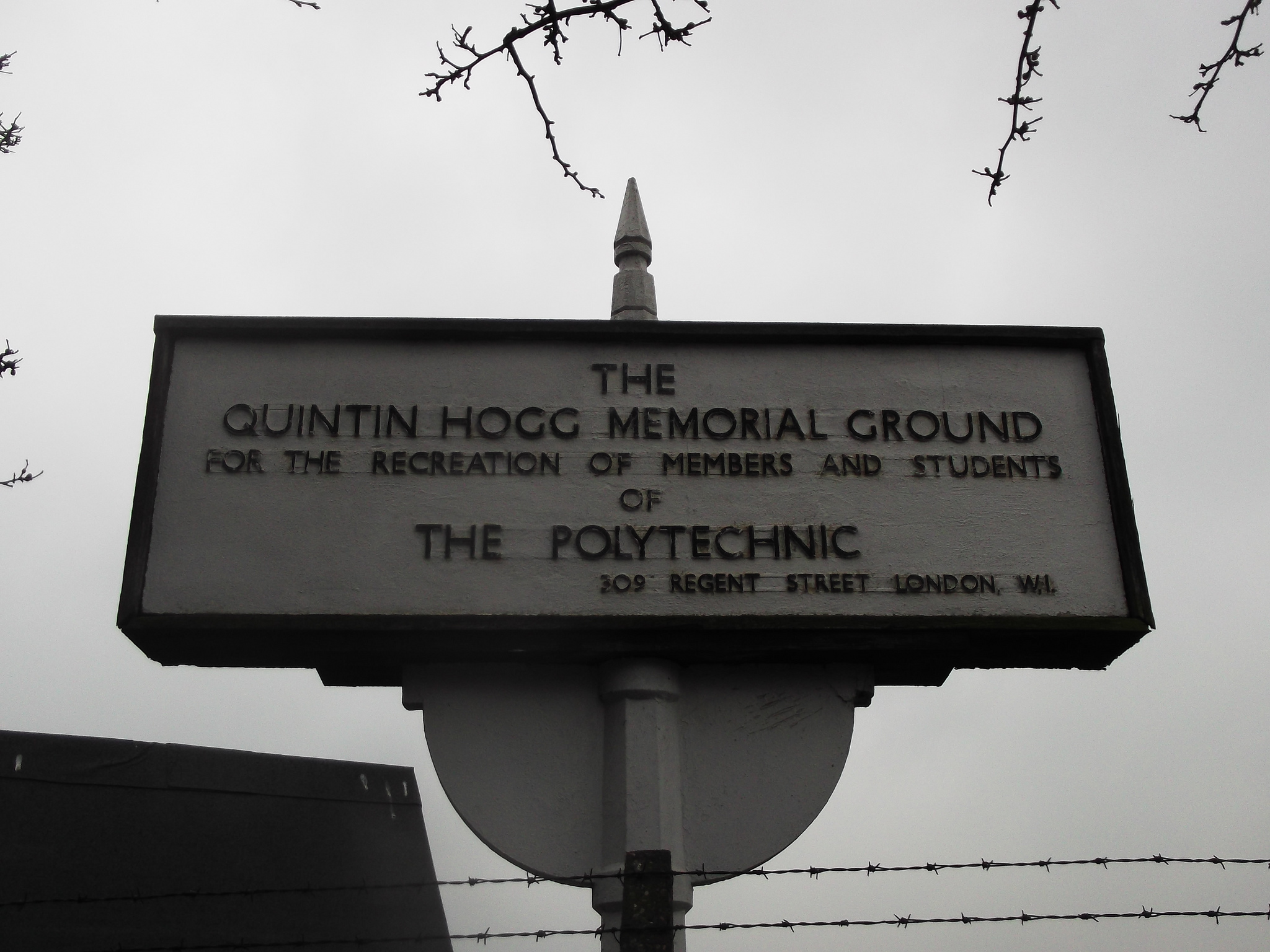 Quintin Hogg white plaque - The Quintin Hogg Memorial Ground for the recreation of members and students of The Polytechnic 209 Regent Street London W1