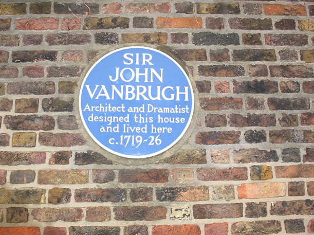 John Vanbrugh blue plaque - Sir John Vanbrugh architect and dramatist designed this house and lived here c. 1719-26