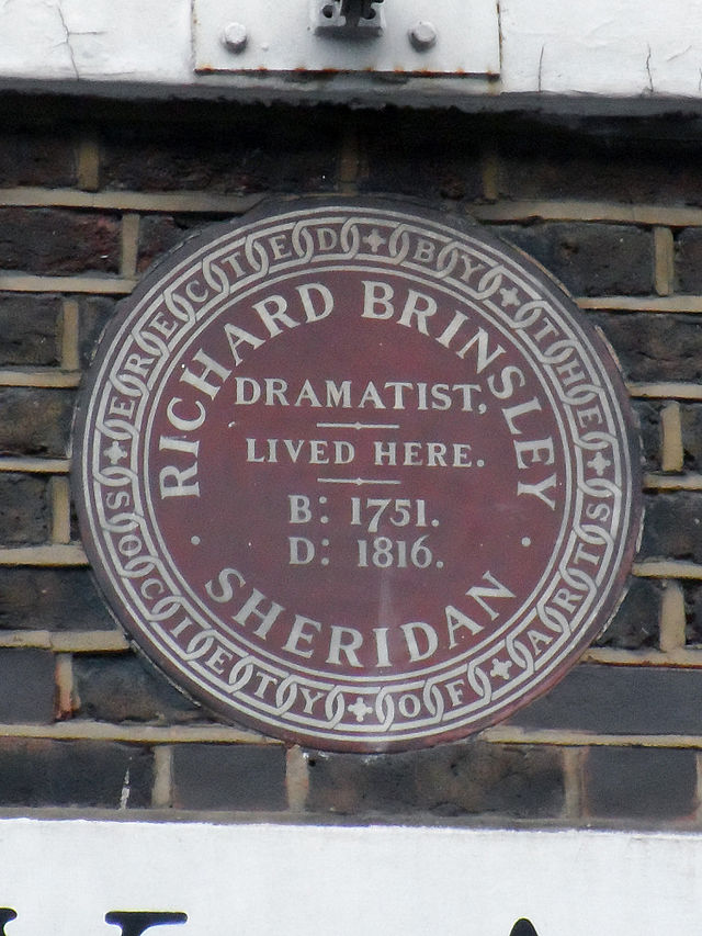 Richard Brinsley Sheridan brown plaque - Richard Brinsley Sheridan dramatist lived here B:1751 D:1816