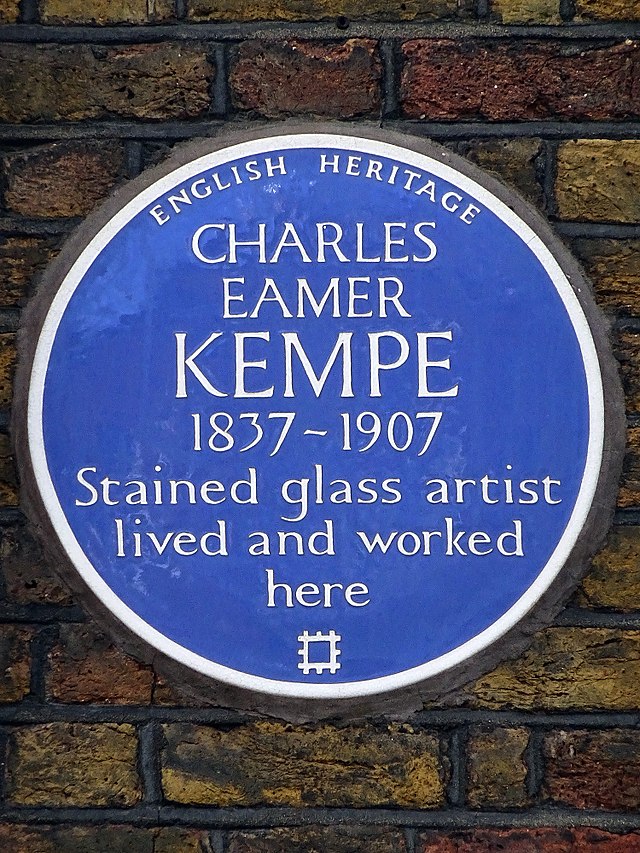 Charles Eamer Kempe blue plaque - Charles Eamer Kempe 1837-1907 stained glass artist lived and worked here