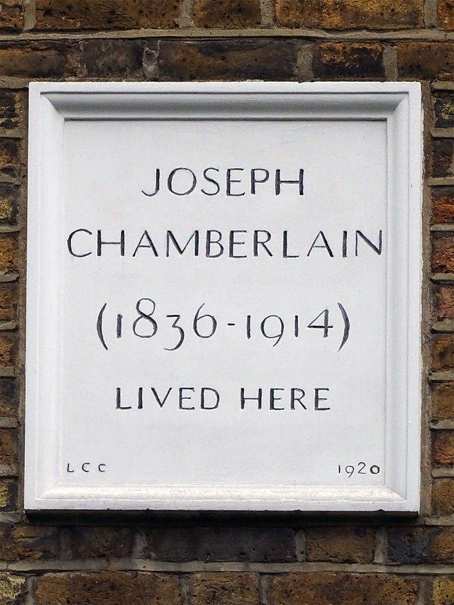 Joseph Chamberlain stone plaque - Joseph Chamberlain (1836-1914) lived here