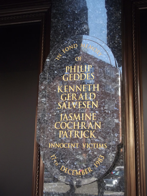 The Harrods Bombing, Philip Geddes, Kenneth Gerald Salvesen , and Jasmine Cochran Patrick marble pla - In fond memory of  Philip Geddes  Kenneth Gerald Salvesen  Jasmine Cochran Patrick  Innocent Victims  17th December 1983