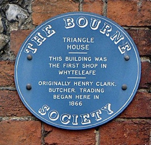 Henry Clark blue plaque - Triangle House. This building was the first shop in Whyteleafe. Originally Henry Clark, butcher. Trading began here in 1866