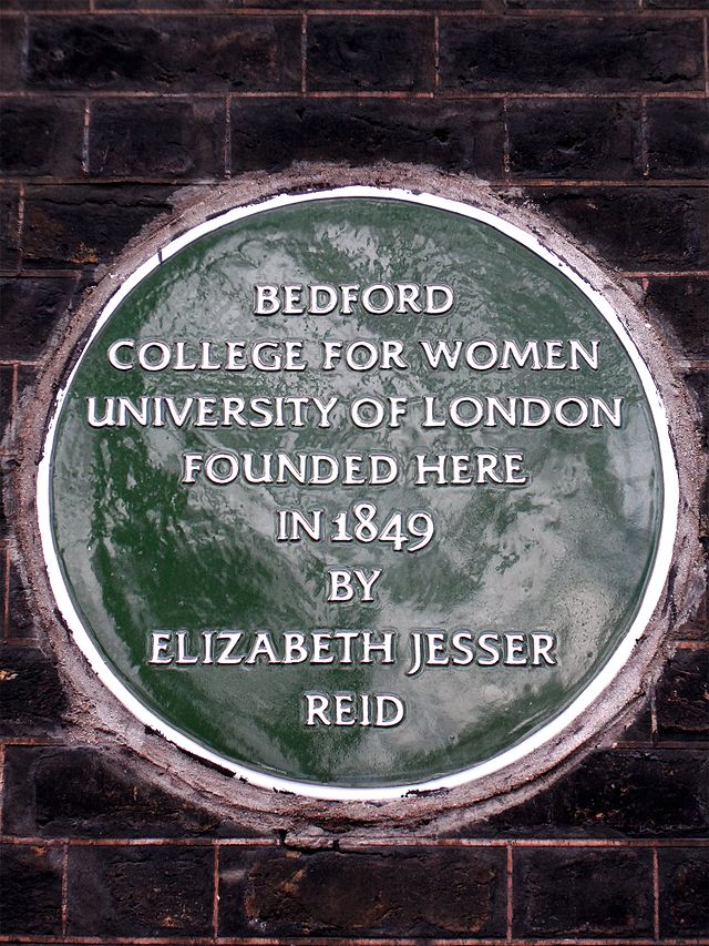 Elizabeth Jesser Reid green plaque - Bedford  College for Women  University of London  founded here  in 1849  by  Elizabeth Jesser Reid