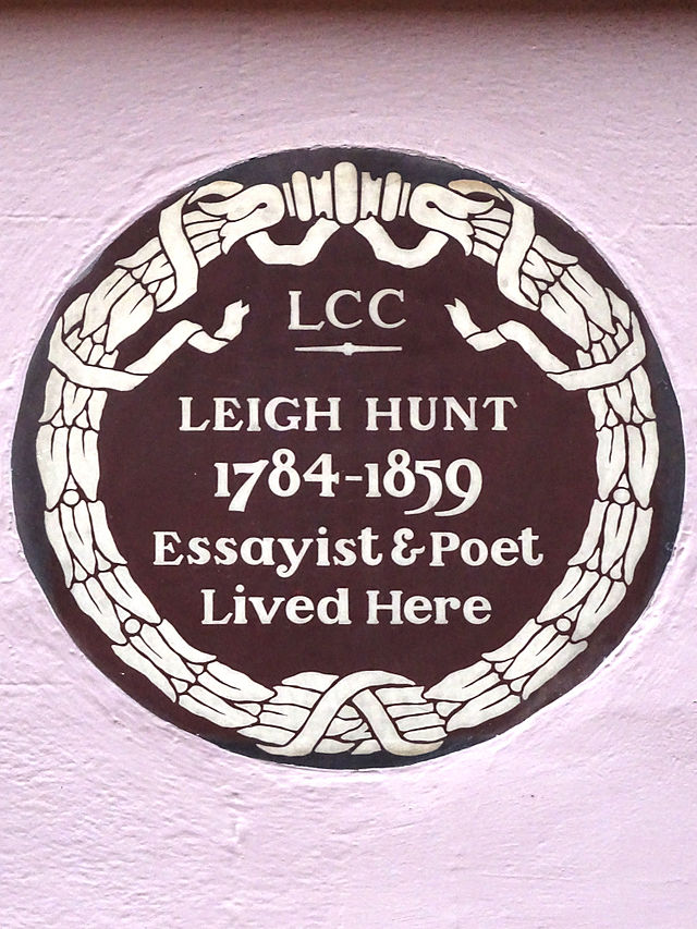 Leigh Hunt brown plaque - Leigh Hunt 1784-1859 essayist & poet lived here.