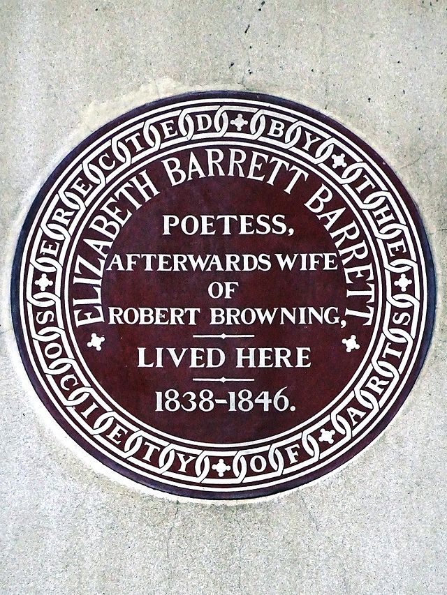 Elizabeth Barrett Browning brown plaque - Elizabeth Barrett Barrett  Poetess,  afterwards wife  of  Robert Browning,  lived here  1838-1846