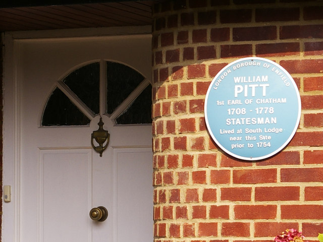 William Pitt blue plaque - William Pitt  1st Earl Of Chatham  1708 – 1778  Lived at South Lodge  near this Site  prior to 1754