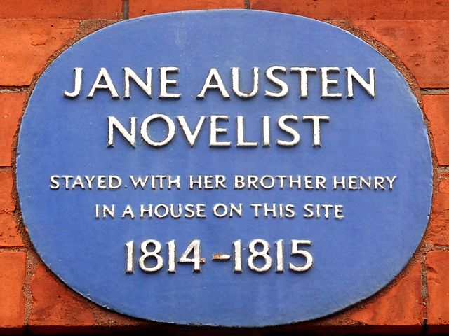 Henry Austen and Jane Austen blue plaque - Jane Austen novelist, stayed with her brother Henry in a house on this site 1814-1815