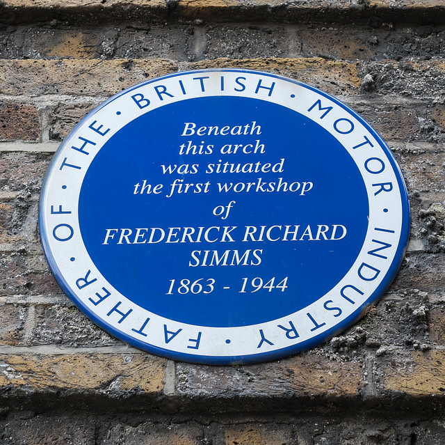 Frederick Richard Simms blue plaque - Father of the British Motor Industry. Beneath this arch was situated the first workshop of Frederick Richard Simms 1863-1944
