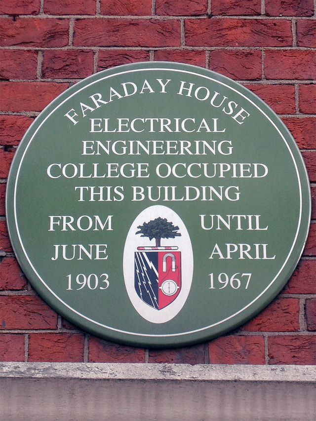 Green plaque № 42173 - Faraday House Electrical Engineering College occupied this building from June 1903 until April 1967