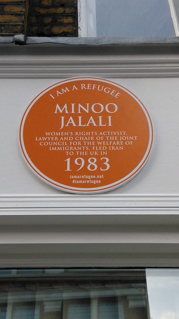 Minoo Jalali orange plaque - Minoo Jalali women's rights activist, lawyer and chair of the Joint Council for the Welfare of Immigrants fled Iran to the UK in 1983