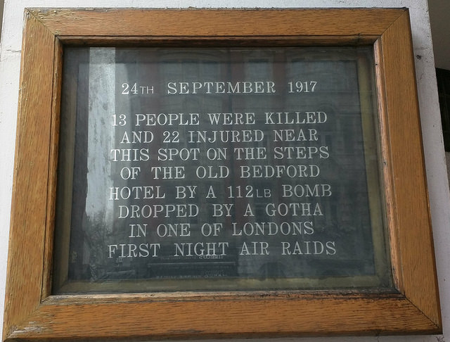 Old Bedford Hotel bombing black plaque - 24th September 1917 13 people were killed and 22 injured near this spot on the steps of the Old Bedford Hotel by a 112lb bomb dropped by a Gotha in one of London's first night air raids