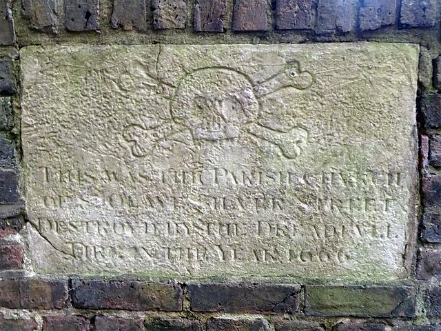 St Olave, Silver Street, London stone plaque - This was the parish church of St Olave, Silver Street destroyed by the dreadfvll fire in the year 1666