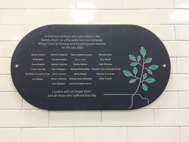 James Adams, Philip Beer, Anna Brandt, Ciaran Cassidy, and 22 other - In memory of those who were killed in the bomb attack on a Piccadilly line train between King's Cross St Pancras and Russell Square stations on 7th July 2005.  James Adams, Philip Beer, Anna Brandt, Ciaran Cassidy, Rachelle Chung For Yuen, Liz Daplyn, Arthur Frederick, Karolina Gluck, Gamze Günoral, Ojara Ikeagwu, Emily Jenkins, Sam Badham, Helen Katherine Jones, Susan Levy, Shelley Mather, Michael Matsushita, James Mayes, Behnaz (Nazy) Mozakka, Lee Christopher Harris, Mihaela Otto, Atiq Sharifi