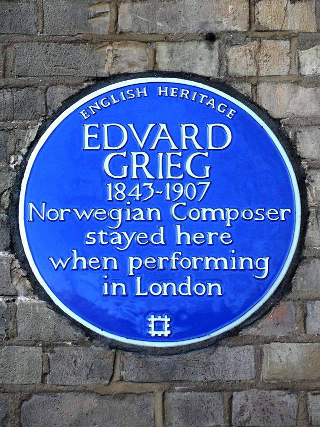 Edvard Grieg blue plaque - Edvard Grieg 1843-1907 Norwegian Composer stayed here when performing in London