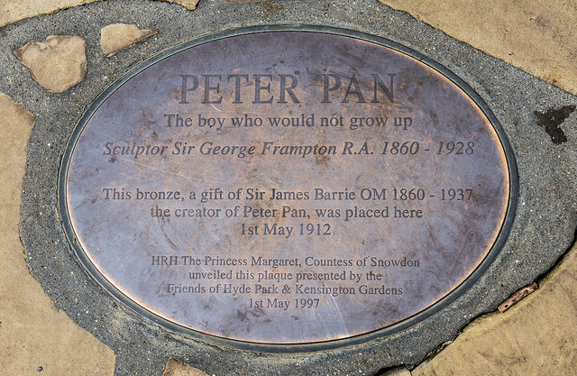 J. M. Barrie and Peter Pan bronze plaque - Peter Pan  The boy who would not grow up  Sculptor Sir George Frampton R.A. 1860-1928  This bronze, a gift of Sir James Barrie OM 1860-1937 the creator of Peter Pan, was placed here 1st may 1912