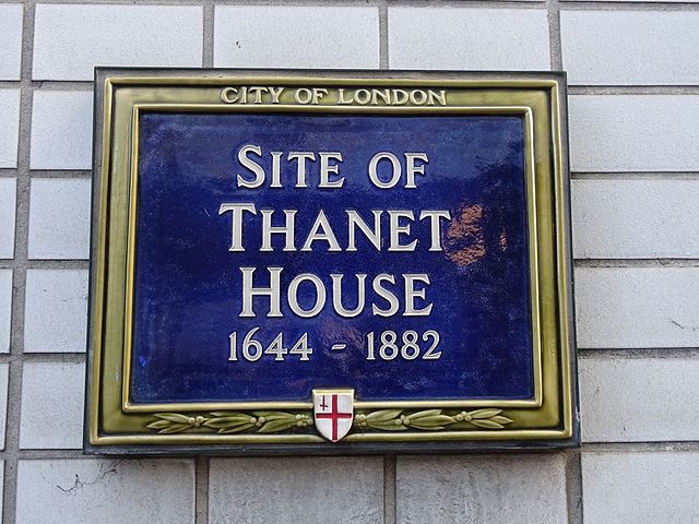 Thanet House blue plaque - Site of Thanet House 1644-1882