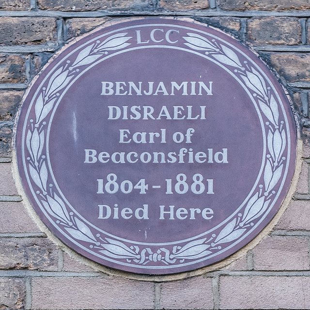Benjamin Disraeli brown plaque - Benjamin Disraeli Earl of Beaconsfield 1804-1881 died here