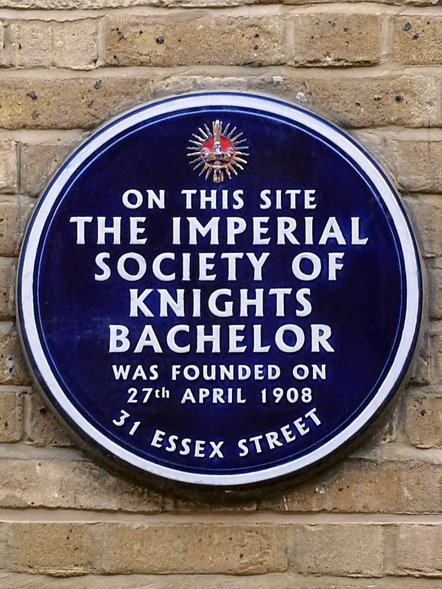 Imperial Society of Knights Bachelor blue plaque - On this site  the Imperial  Society of  Knights  Bachelor  was founded on  27th April 1908  