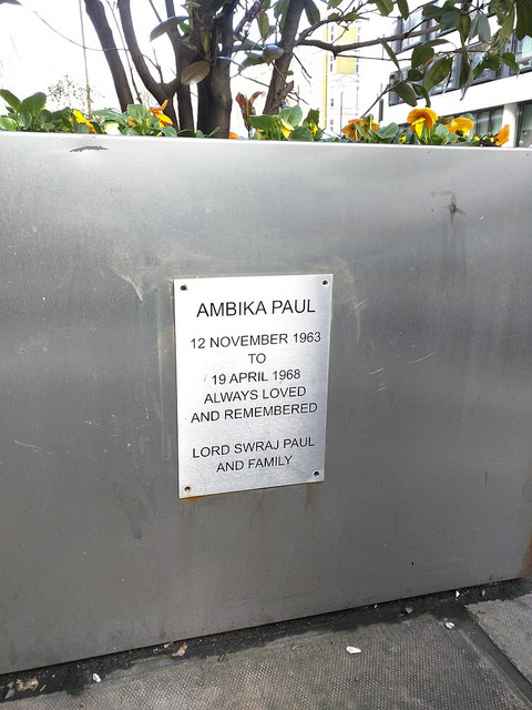Brushed metal plaque № 42497 - Ambika Paul  12 November 1963 to 19 April 1968  Always loved and remebered  Lord Swraj Paul and Family